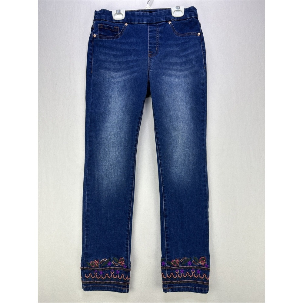 Tribal Jeans Women's Size 4 Pull On Denim Embroidered Floral Flowers Dark Wash